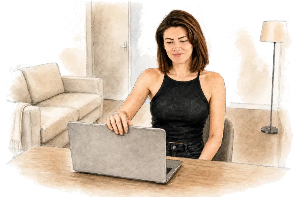 Illustration aquarelle de Marine souriante devant son ordinateur au début d’un casting en ligne.