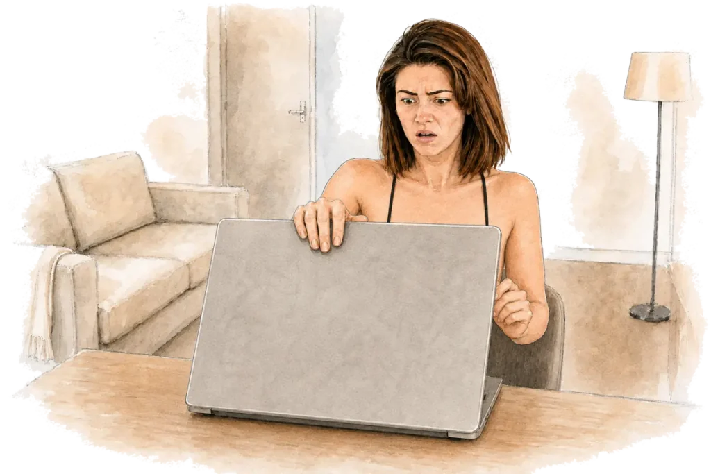 Illustration aquarelle de Marine choquée rabattant son ordinateur après une demande déplacée pendant le casting.
