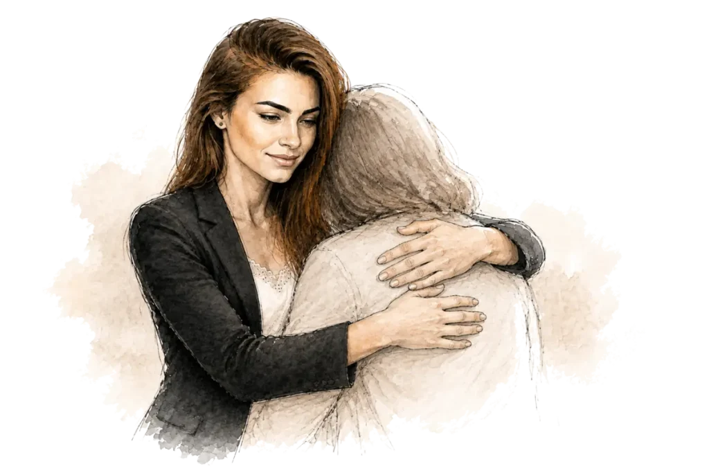 Illustration symbolique de Marine réconfortant une femme afin de soutenir les personnes manipulées lors d’un casting.